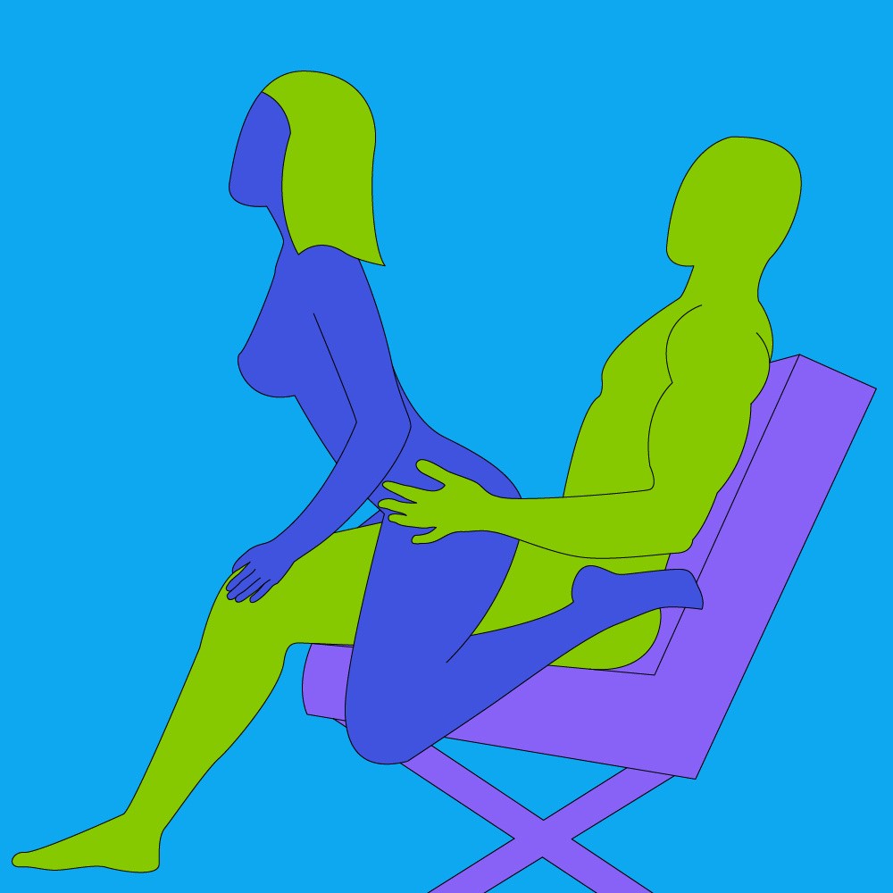 A naked illustrated couple in a seated variation of the reverse cowgirl position.